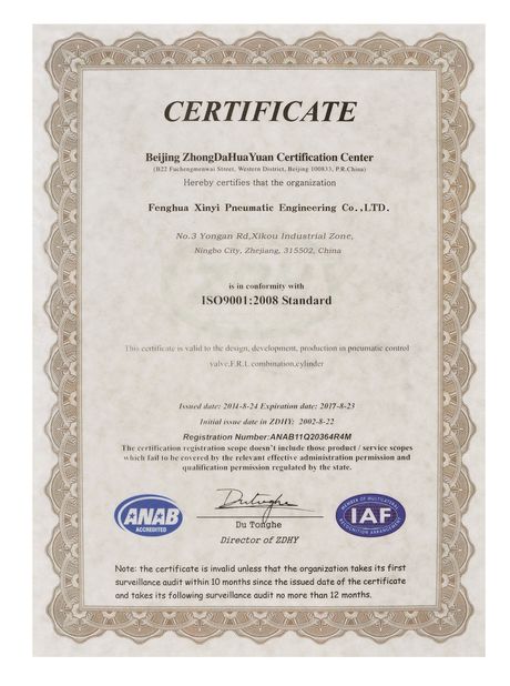 La Cina Prius pneumatic Company Certificazioni